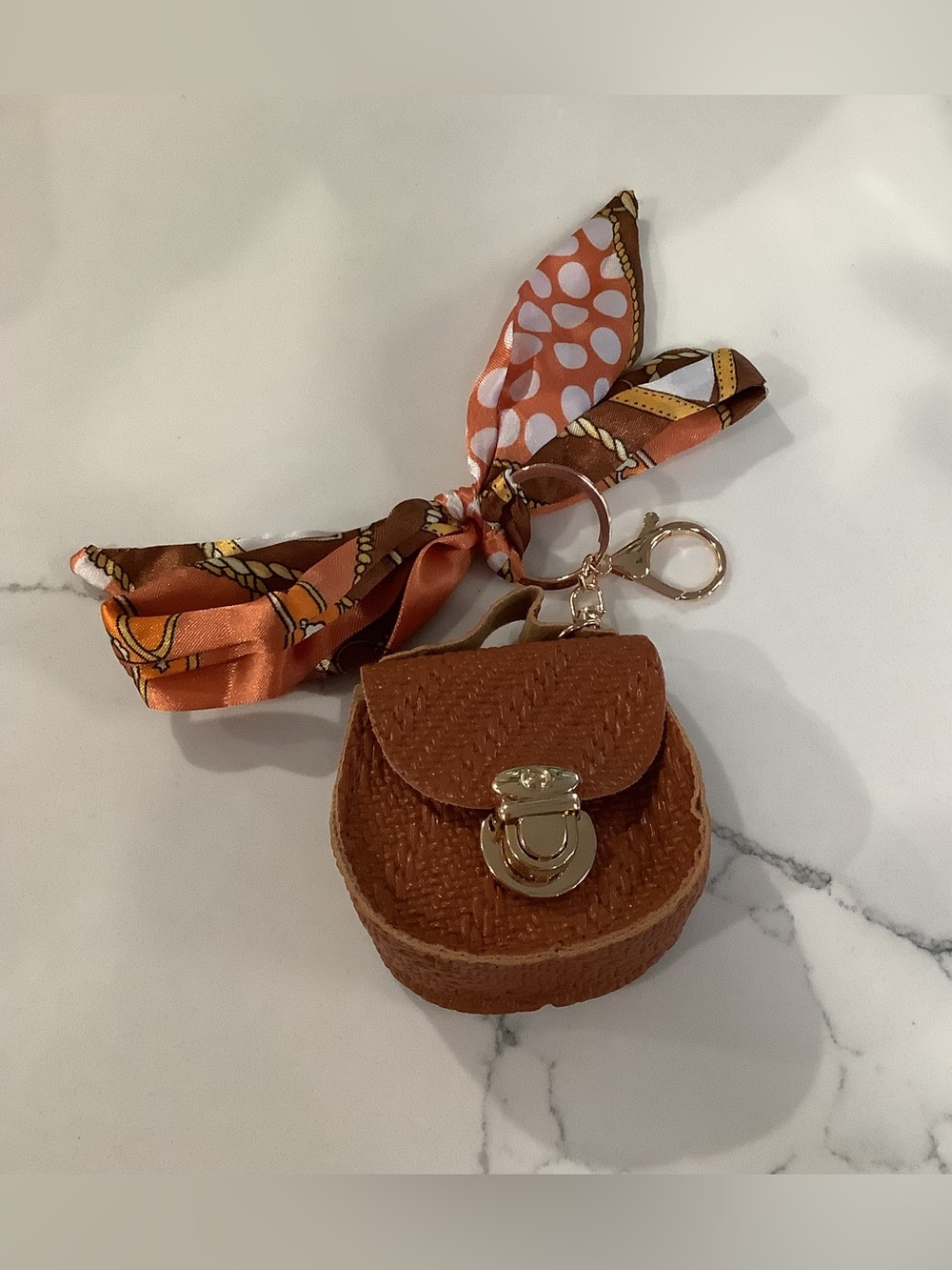 Textured Brown Mini purse with Orange Scarf Accent keychain